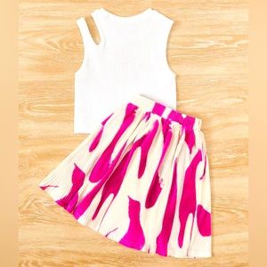 Girl Cut Out Shoulder Tank Top & Flare Skirt (White, Pink/Cream, Size 11-12)